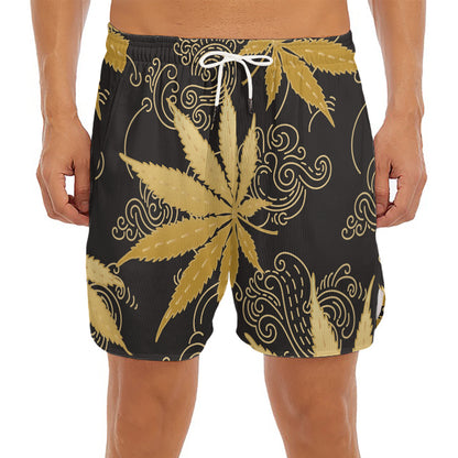 Gold Cannabis Leaf Pattern Print Men's Split Running Shorts