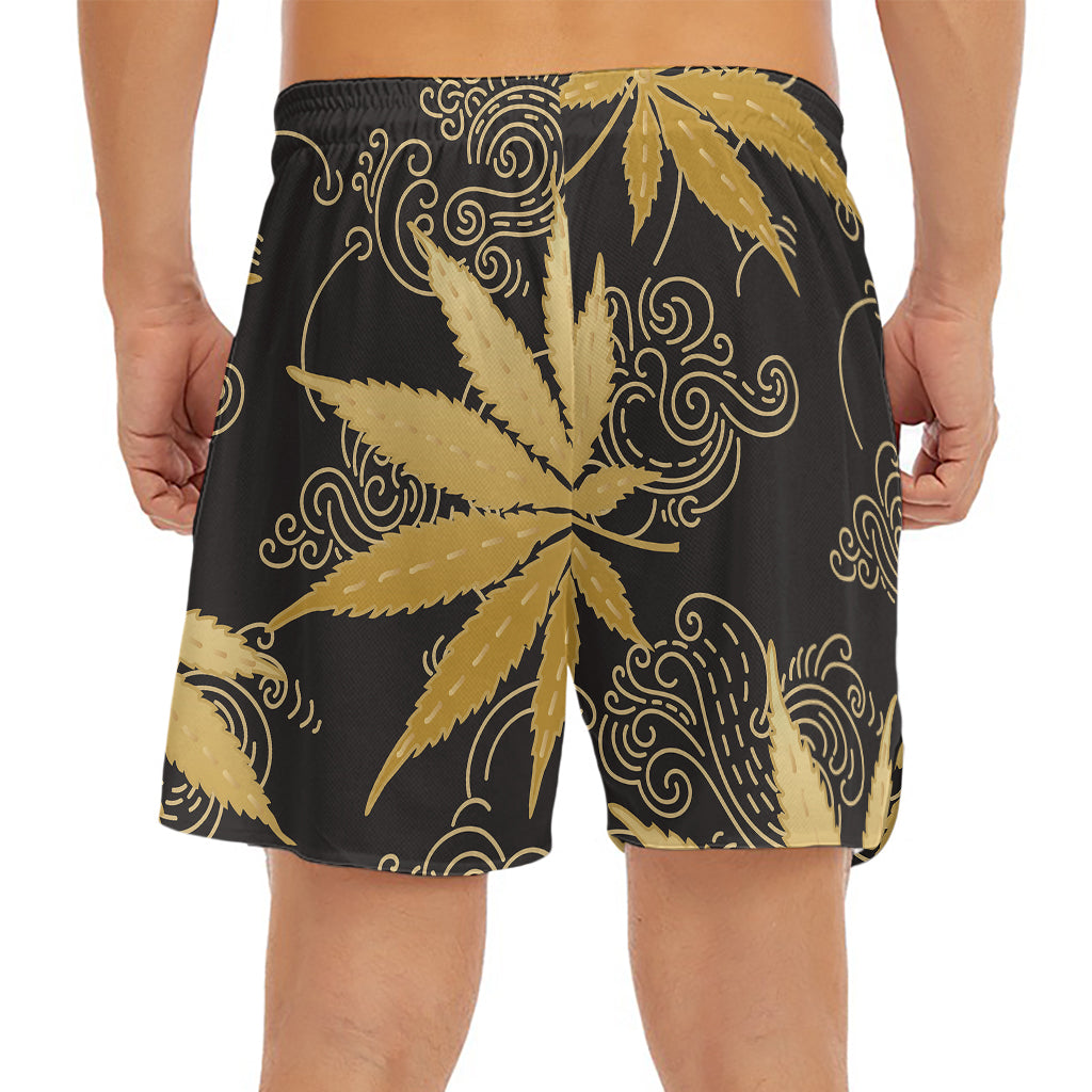 Gold Cannabis Leaf Pattern Print Men's Split Running Shorts