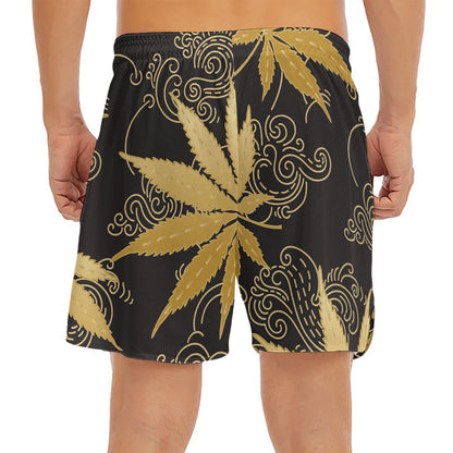 Gold Cannabis Leaf Pattern Print Men's Split Running Shorts