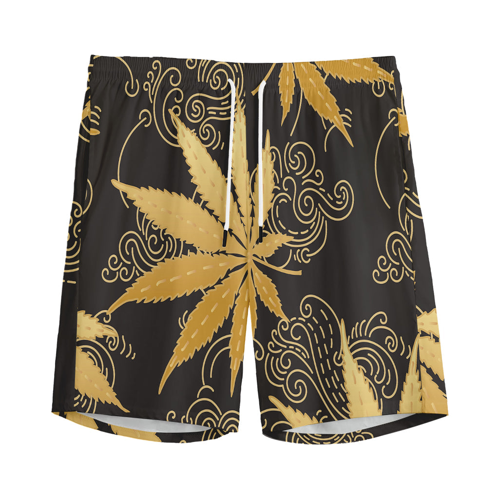 Gold Cannabis Leaf Pattern Print Men's Sports Shorts