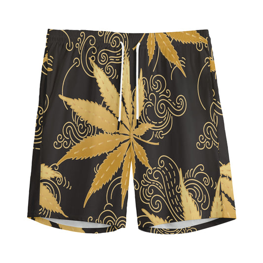 Gold Cannabis Leaf Pattern Print Men's Sports Shorts
