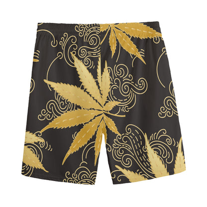 Gold Cannabis Leaf Pattern Print Men's Sports Shorts