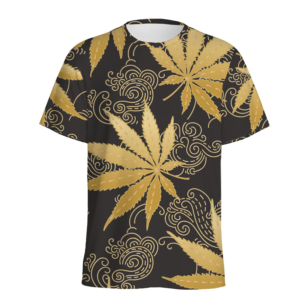 Gold Cannabis Leaf Pattern Print Men's Sports T-Shirt