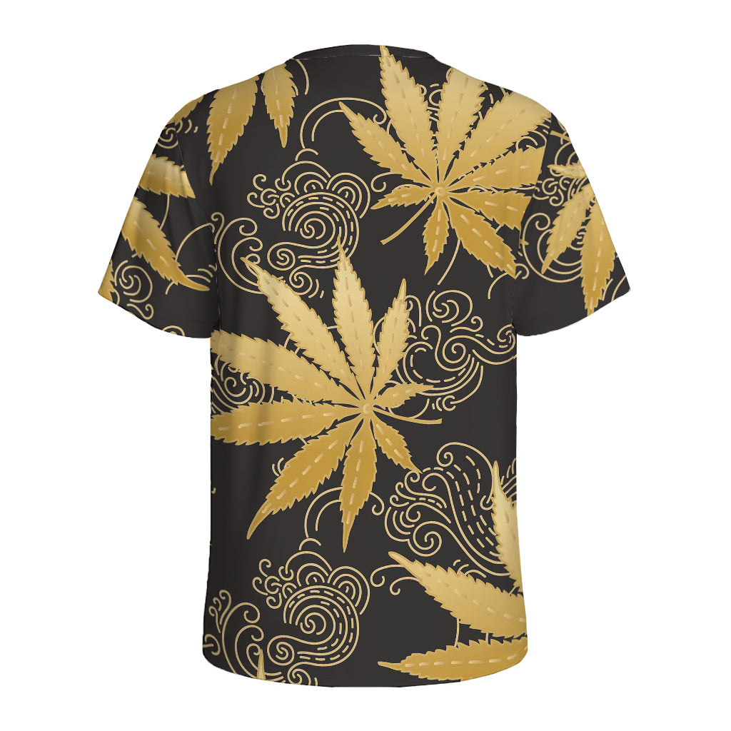 Gold Cannabis Leaf Pattern Print Men's Sports T-Shirt