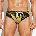 Gold Cannabis Leaf Pattern Print Men's Swim Briefs