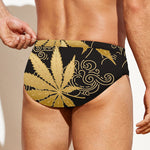 Gold Cannabis Leaf Pattern Print Men's Swim Briefs