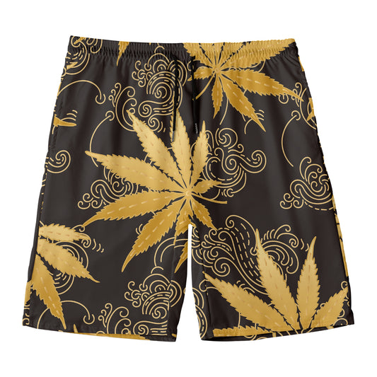 Gold Cannabis Leaf Pattern Print Men's Swim Trunks