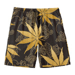 Gold Cannabis Leaf Pattern Print Men's Swim Trunks