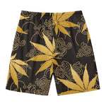 Gold Cannabis Leaf Pattern Print Men's Swim Trunks