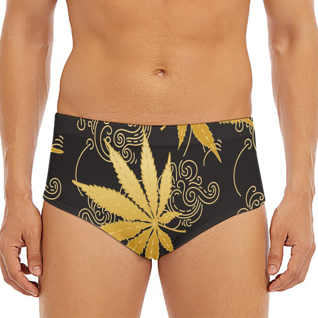 Gold Cannabis Leaf Pattern Print Men's Triangle Swim Briefs
