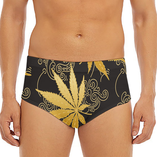 Gold Cannabis Leaf Pattern Print Men's Triangle Swim Briefs