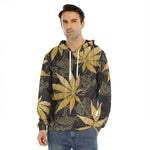 Gold Cannabis Leaf Pattern Print Men's Velvet Pullover Hoodie