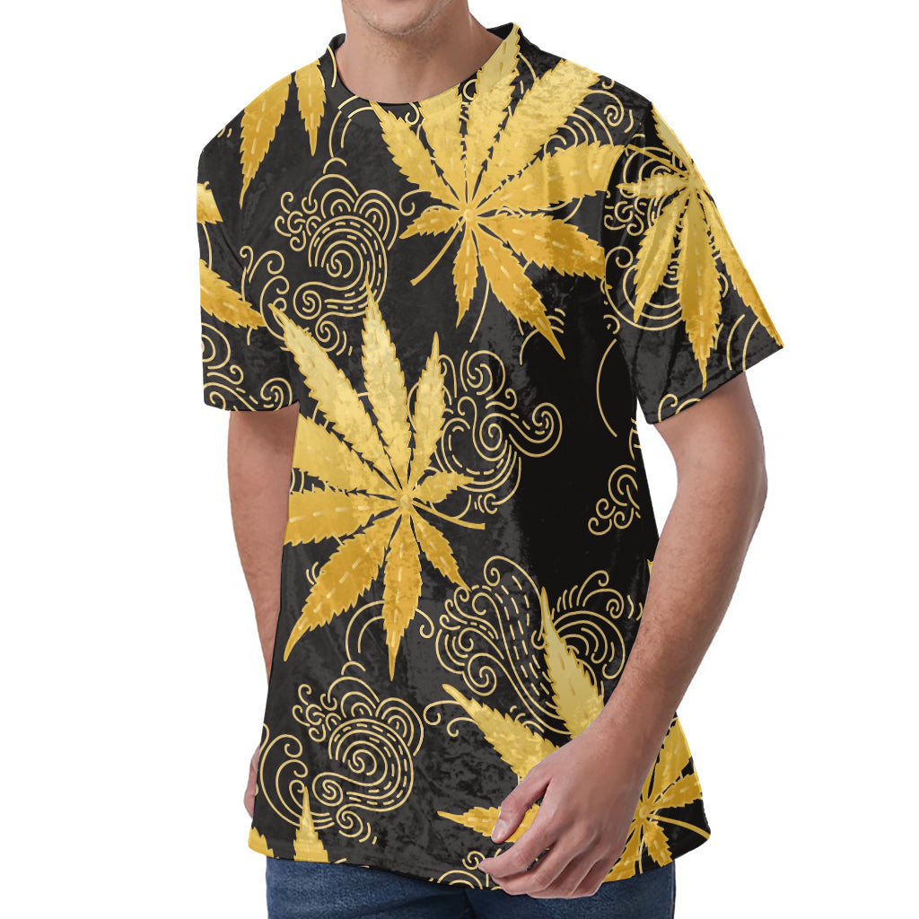 Gold Cannabis Leaf Pattern Print Men's Velvet T-Shirt