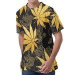 Gold Cannabis Leaf Pattern Print Men's Velvet T-Shirt