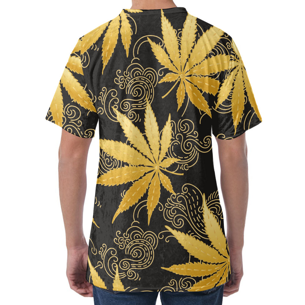 Gold Cannabis Leaf Pattern Print Men's Velvet T-Shirt