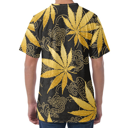 Gold Cannabis Leaf Pattern Print Men's Velvet T-Shirt