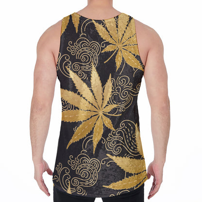 Gold Cannabis Leaf Pattern Print Men's Velvet Tank Top