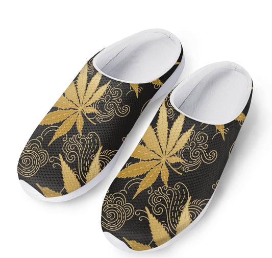 Gold Cannabis Leaf Pattern Print Mesh Casual Shoes