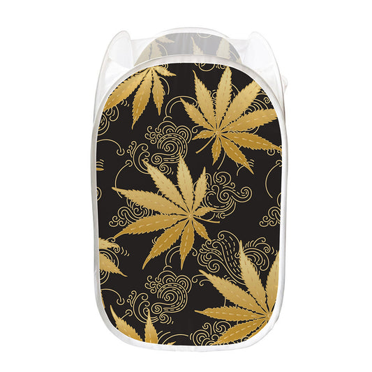 Gold Cannabis Leaf Pattern Print Mesh Laundry Hamper