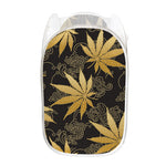 Gold Cannabis Leaf Pattern Print Mesh Laundry Hamper