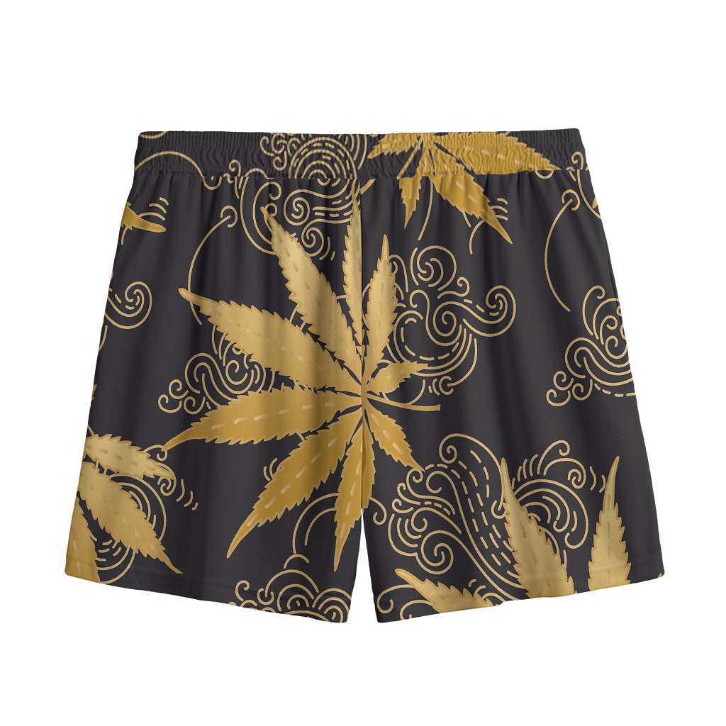 Gold Cannabis Leaf Pattern Print Mesh Shorts