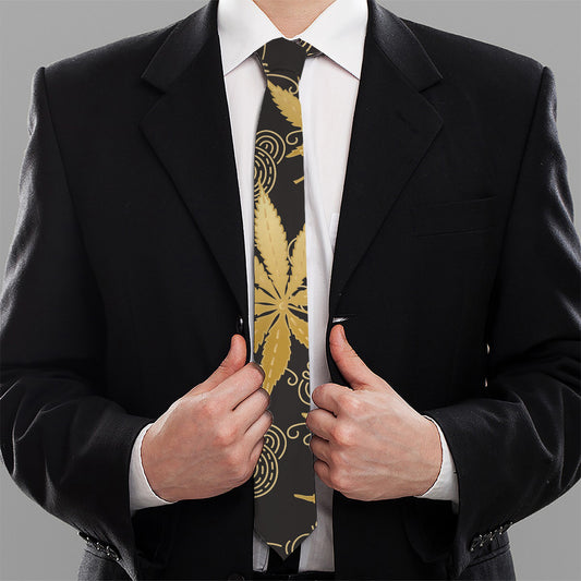 Gold Cannabis Leaf Pattern Print Necktie