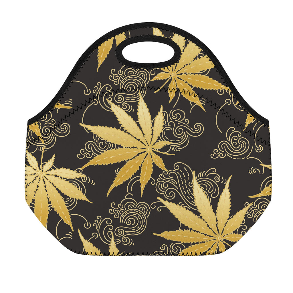 Gold Cannabis Leaf Pattern Print Neoprene Lunch Bag