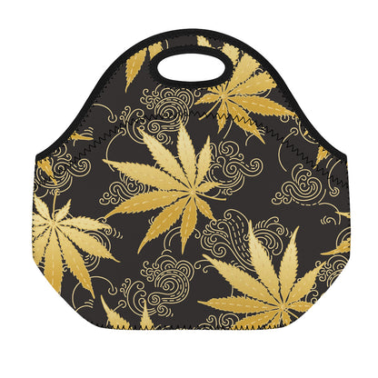 Gold Cannabis Leaf Pattern Print Neoprene Lunch Bag