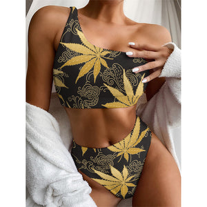 Gold Cannabis Leaf Pattern Print One Shoulder Bikini Top