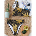 Gold Cannabis Leaf Pattern Print One Shoulder Bikini Top