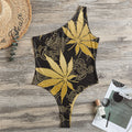 Gold Cannabis Leaf Pattern Print One Shoulder Bodysuit