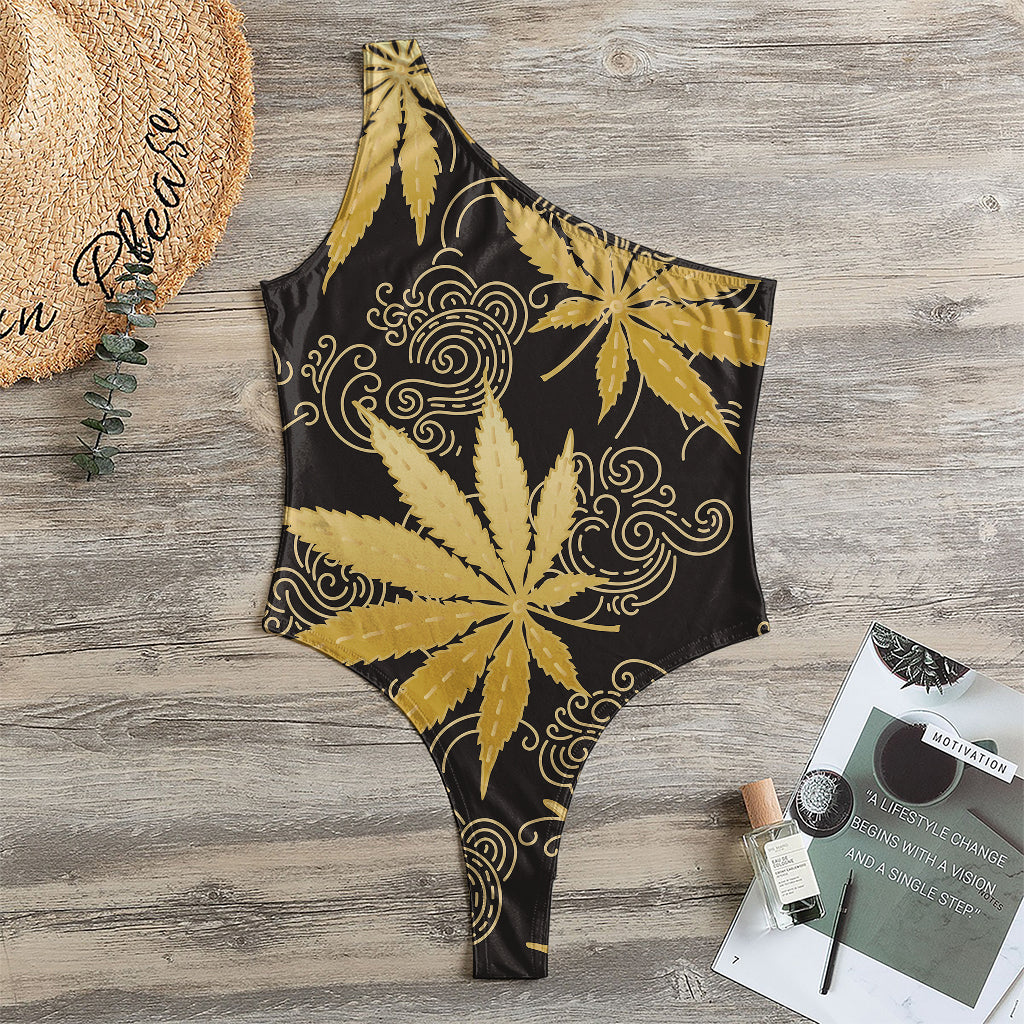 Gold Cannabis Leaf Pattern Print One Shoulder Bodysuit