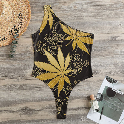 Gold Cannabis Leaf Pattern Print One Shoulder Bodysuit