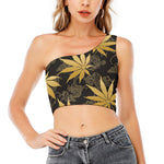 Gold Cannabis Leaf Pattern Print One Shoulder Crop Top