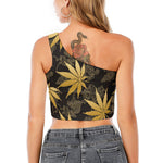 Gold Cannabis Leaf Pattern Print One Shoulder Crop Top