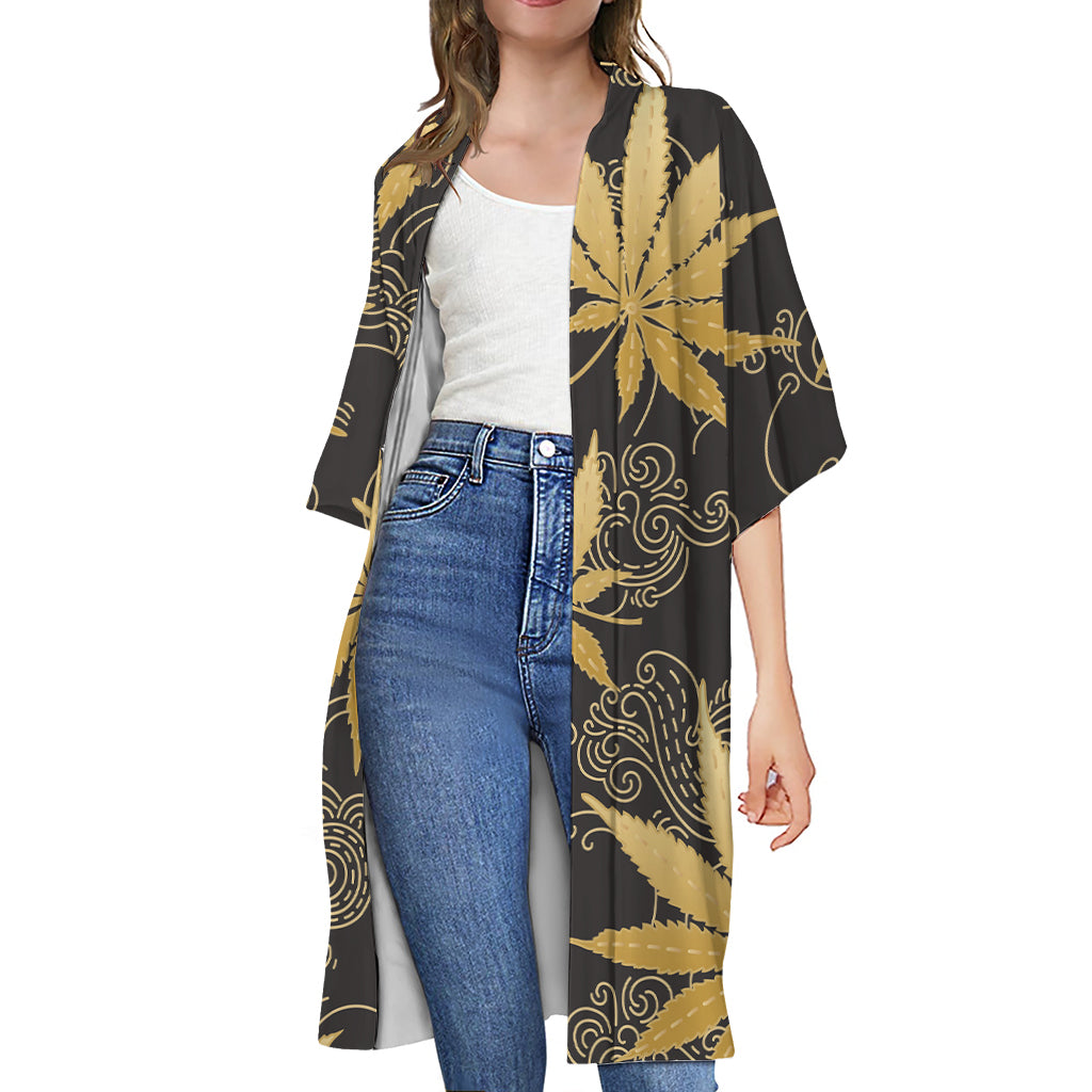 Gold Cannabis Leaf Pattern Print Open Front Beach Cover Up