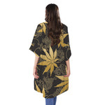 Gold Cannabis Leaf Pattern Print Open Front Beach Cover Up