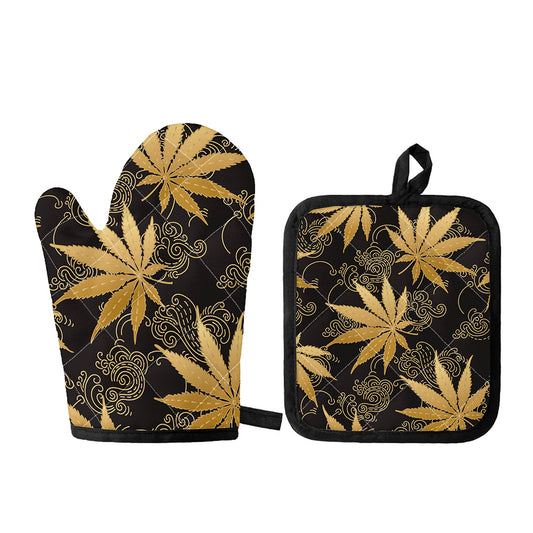 Gold Cannabis Leaf Pattern Print Oven Mitt And Pot Holder Set