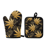 Gold Cannabis Leaf Pattern Print Oven Mitt And Pot Holder Set