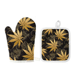 Gold Cannabis Leaf Pattern Print Oven Mitt And Pot Holder Set