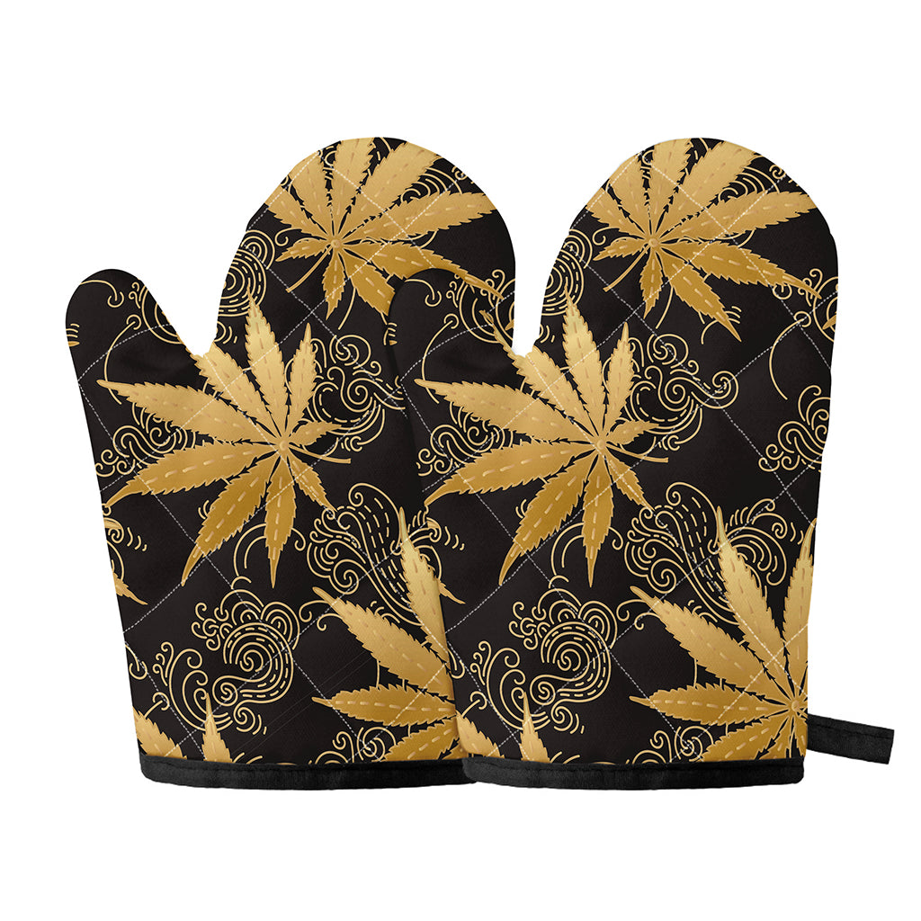 Gold Cannabis Leaf Pattern Print Oven Mitts
