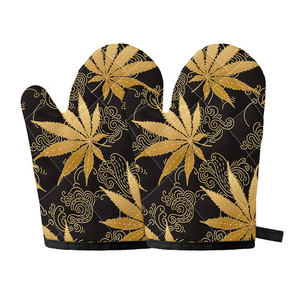 Gold Cannabis Leaf Pattern Print Oven Mitts