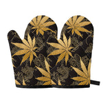 Gold Cannabis Leaf Pattern Print Oven Mitts