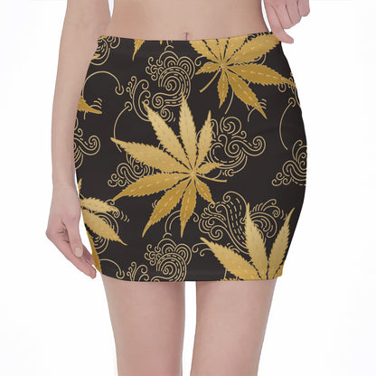 Gold Cannabis Leaf Pattern Print Pencil Mini Skirt