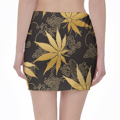 Gold Cannabis Leaf Pattern Print Pencil Mini Skirt