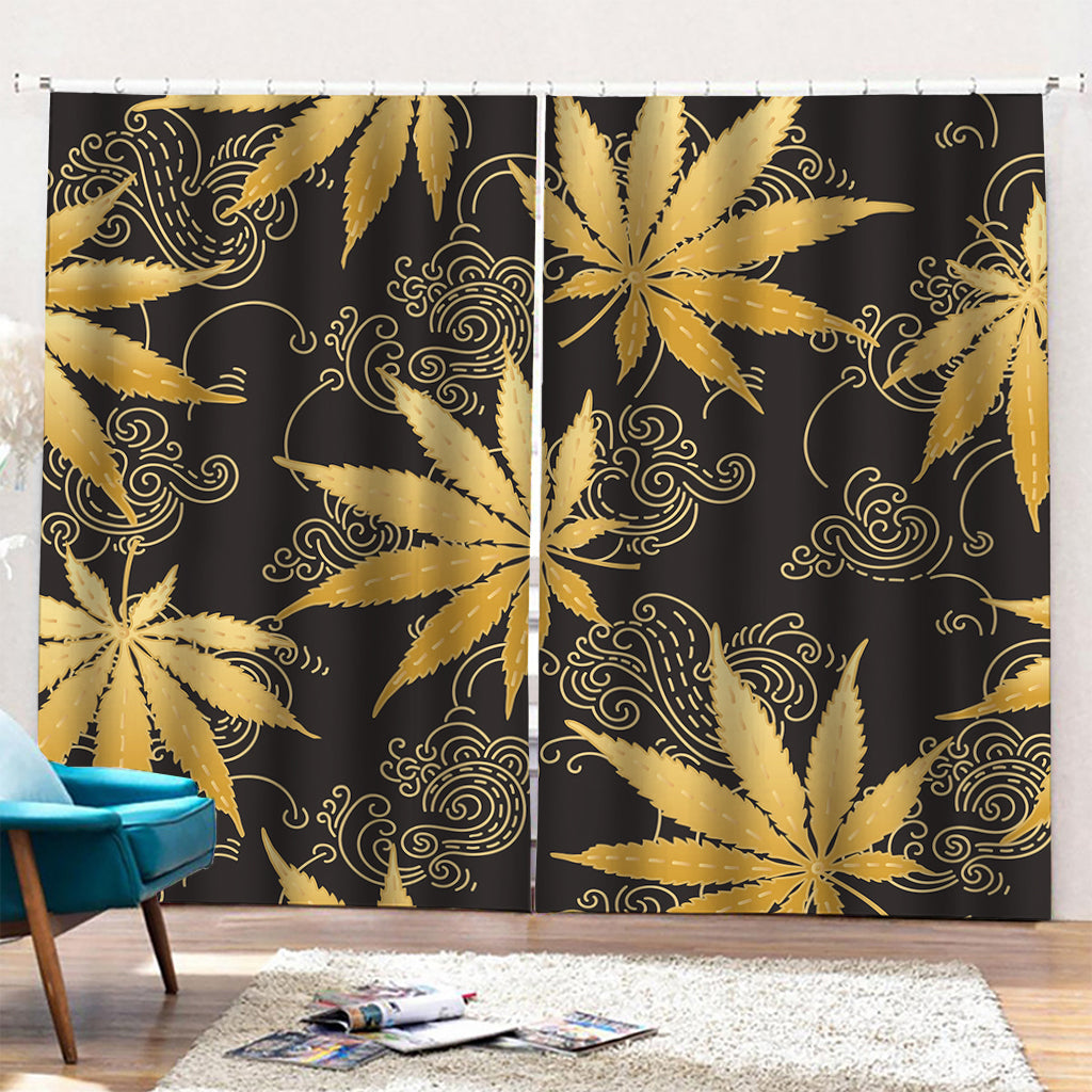 Gold Cannabis Leaf Pattern Print Pencil Pleat Curtains