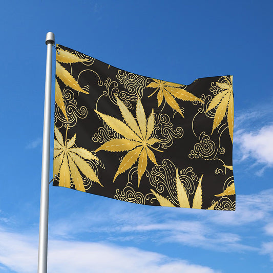 Gold Cannabis Leaf Pattern Print Polyester Flag