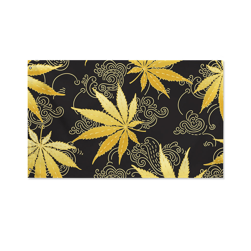 Gold Cannabis Leaf Pattern Print Polyester Flag