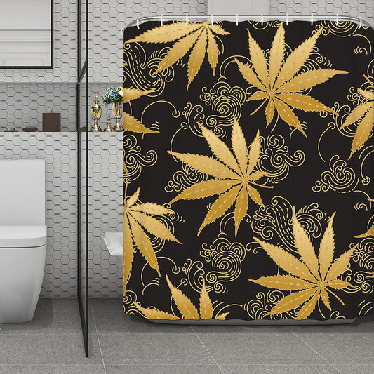 Gold Cannabis Leaf Pattern Print Polyester Shower Curtain
