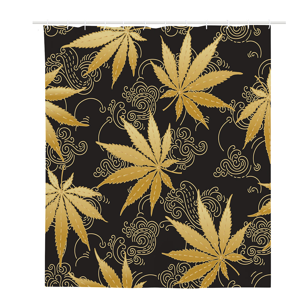 Gold Cannabis Leaf Pattern Print Polyester Shower Curtain